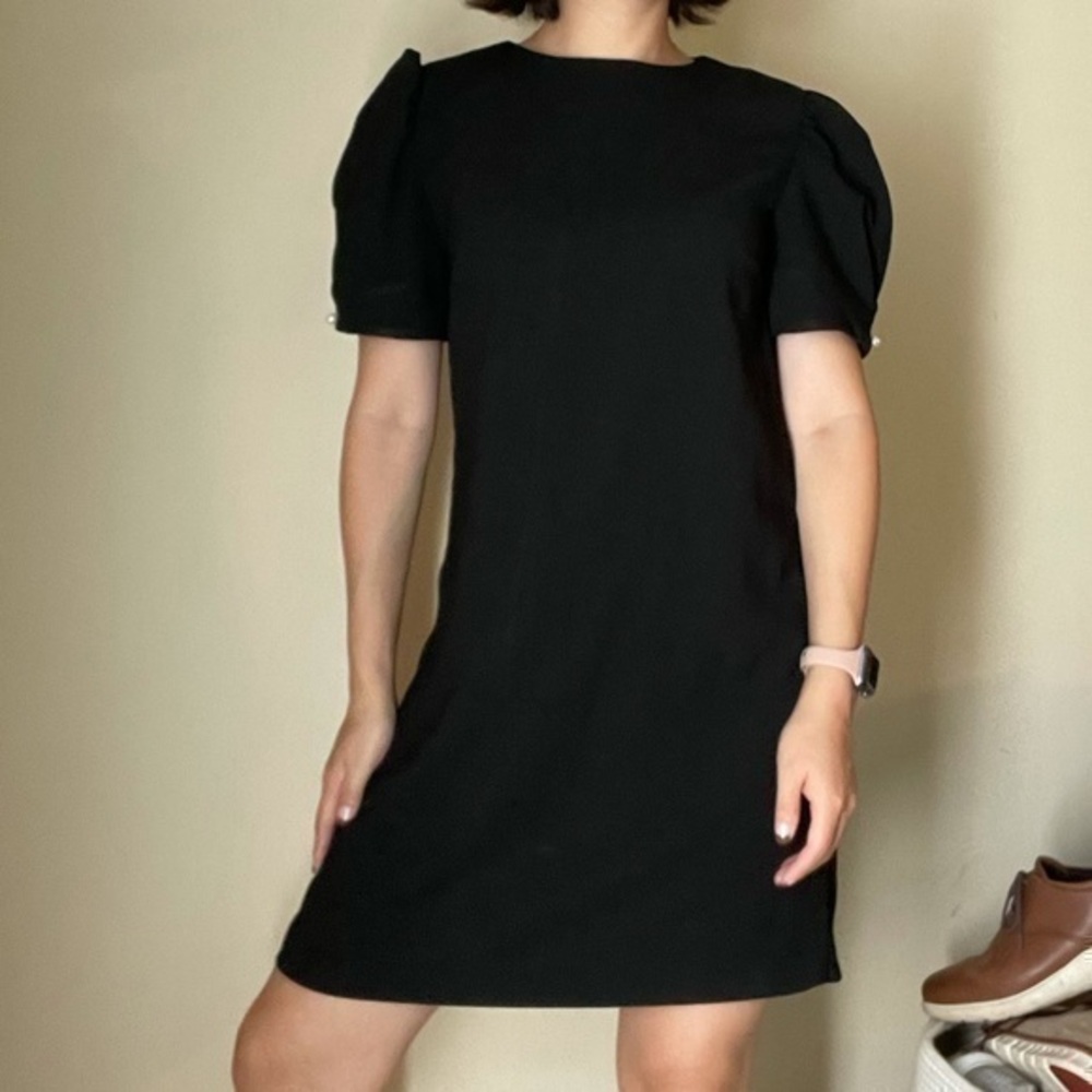 Zara Puffer Shoulder Pearl Detail Black Dress XS